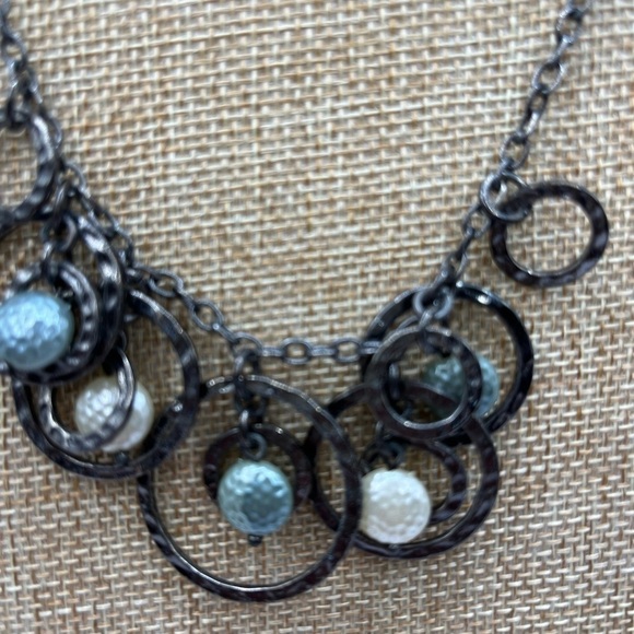 Lia Sophia Necklace | Gunmetal Tone Circles |Faux Pearl Beads 16”-19” Blue white - Picture 3 of 6